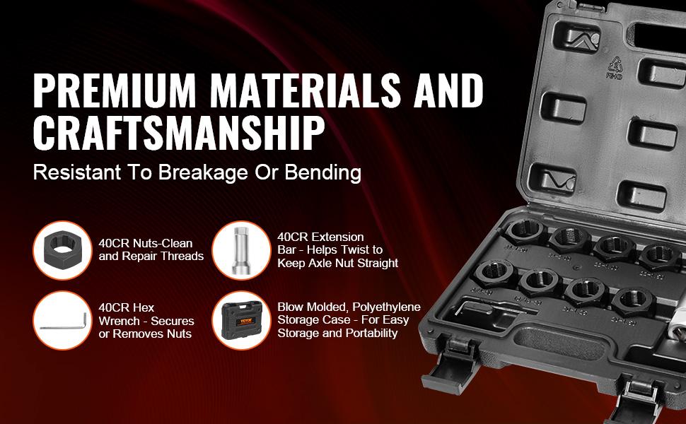 VEVOR 10-Piece Axle Spindle Thread Chaser Set, Metric M20 M22 M24 and UNF 13/16 3/4 Thread Restorer Tool, Rethreading Tool Kit with Extension Bar, Hex Wrench, Storage Case, for Damaged Axle Spindles