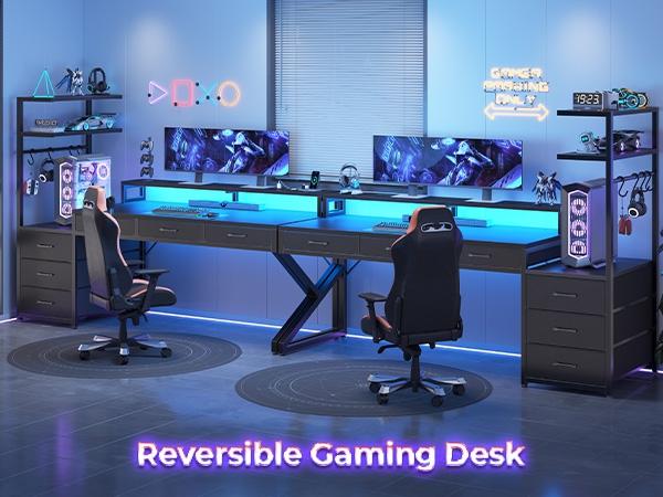 SEDETA 55 Inch Reversible Gaming Desk with 6 Drawers PC Desk with LED Lights Power Outlet Corner Computer Desk with Monitor Stand