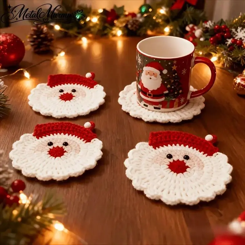 Handmade Crocheted Santa Face Coasters (2/4 Pcs) - Durable Poly Rib Fabric Drink Holders, Christmas Table Decoration, Unique 2pcs Christmas Gift Accessory