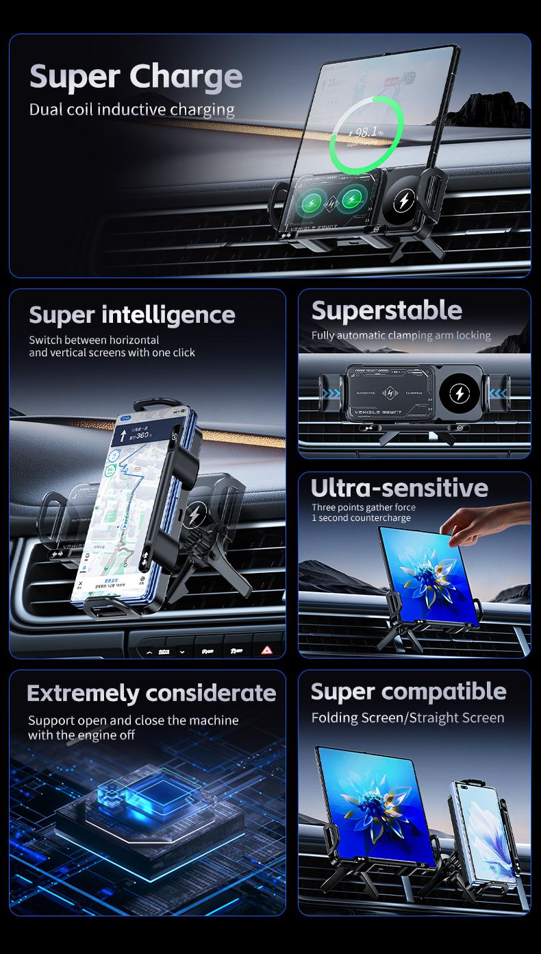 Vehicle Automatic phone holder for car , folding screen phone/tablet stand 15W wireless charger, 90-degree rotation, installed on car air outlet/center console, suitable for Samsung Galaxy ZFold6/5/4/3 Galaxy Z Fold/Notes other wireless charging phones