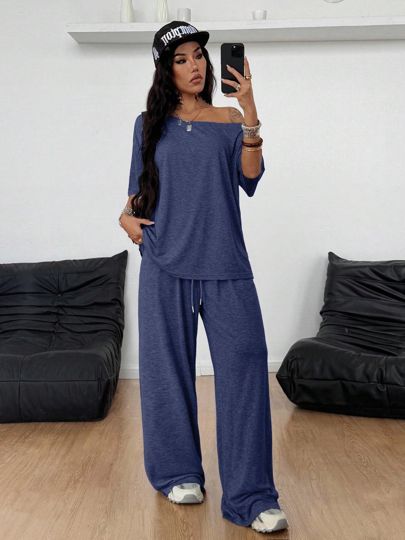 Women Off-Shoulder 2 Piece Set, Oversized Top and Wide Leg Elastic Drawstring Pants