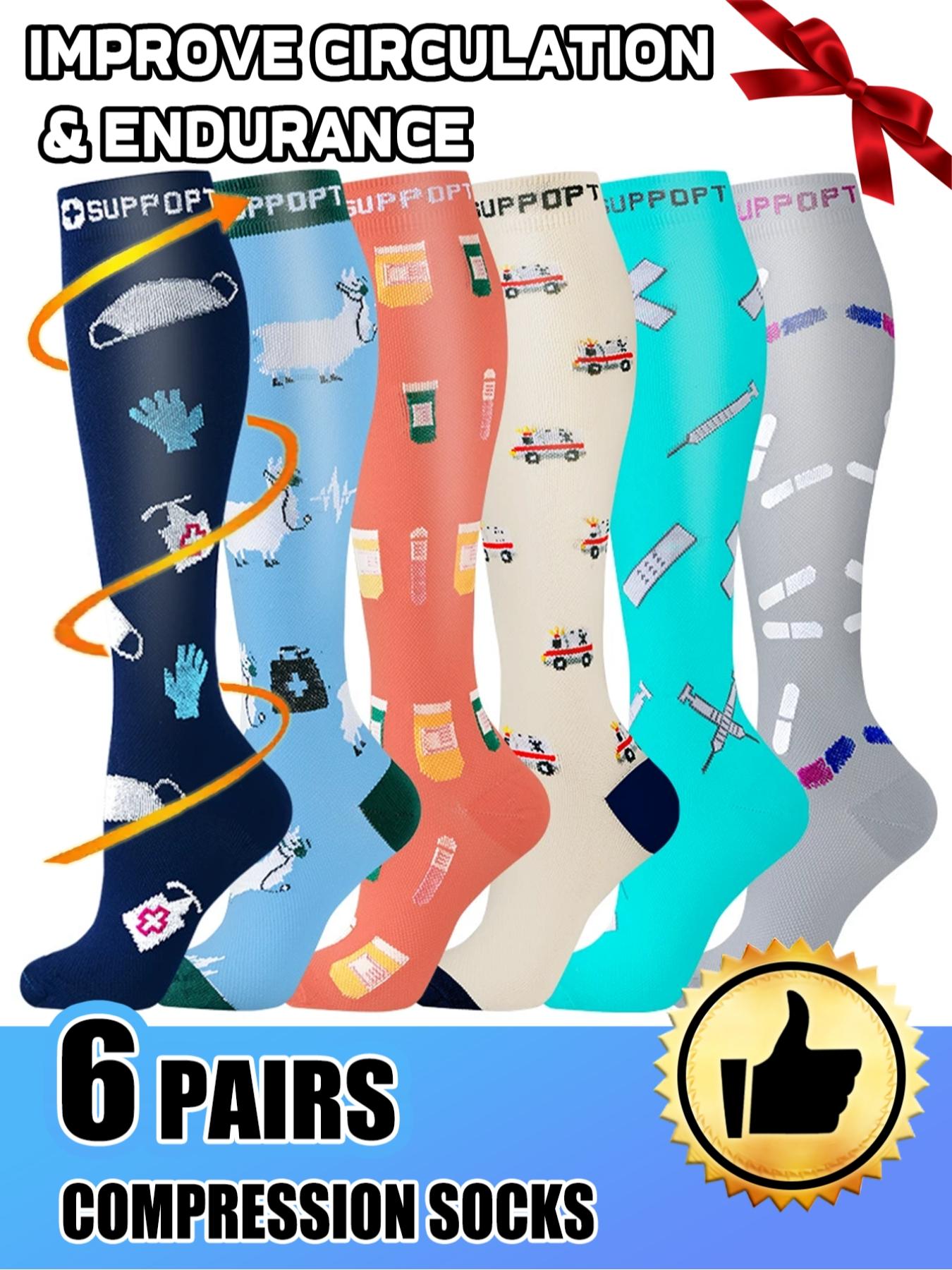 6 pairs of men's and women's compression socks wide calf booster socks, for circulation, running, nurses, pregnant women, various colour patterns available, gift for nurse doctor, Sports Athletic Socks