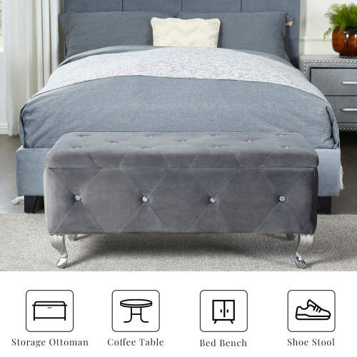 [Bellemave]Upholstered Storage Ottoman Bench For Bedroom End Of Bed Faux Leather Rectangular Storage Benches Footrest With Crystal Buttons For Living Room Entryway