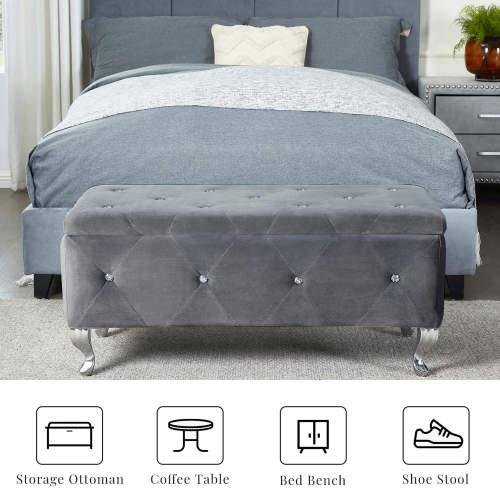 [Bellemave]Upholstered Storage Ottoman Bench For Bedroom End Of Bed Faux Leather Rectangular Storage Benches Footrest With Crystal Buttons For Living Room Entryway