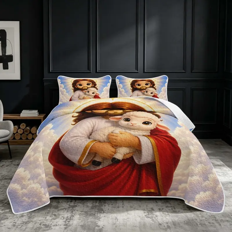 Cartoon Jesus With Lamb Quilted Bedspread Coverlet Set, 2/3-Piece Bedding Set with 1/2 Pillowcases, Faith Cozy Thin Quilt Throw Blanket, Bedroom Home Decor, Bed Sets