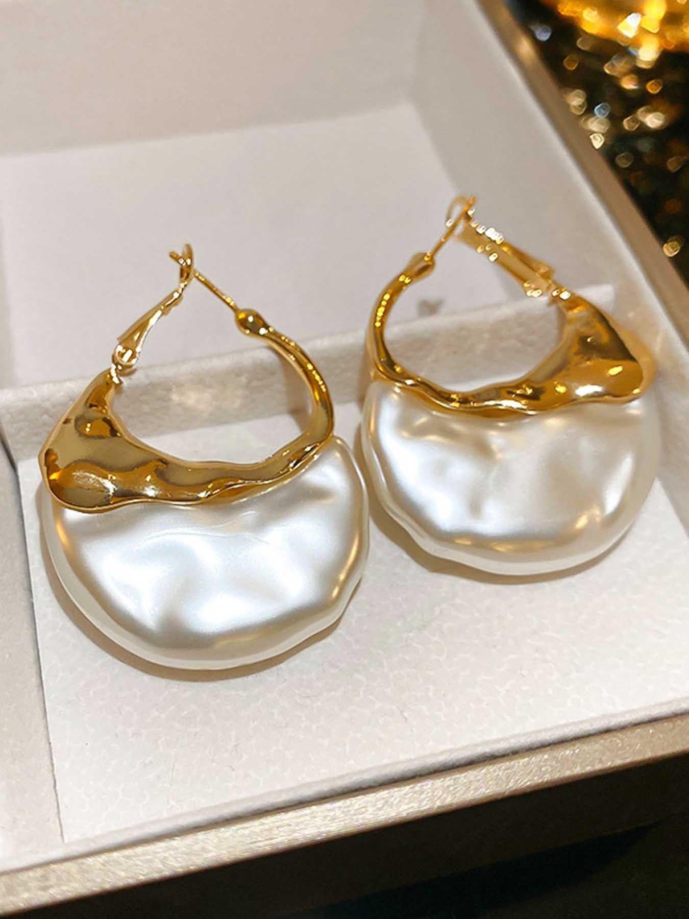 French Style Exaggerated Imitation Pearl Bag Shape Metal Earrings, Fashionable Simple Women's Elegant Creative Party Earrings