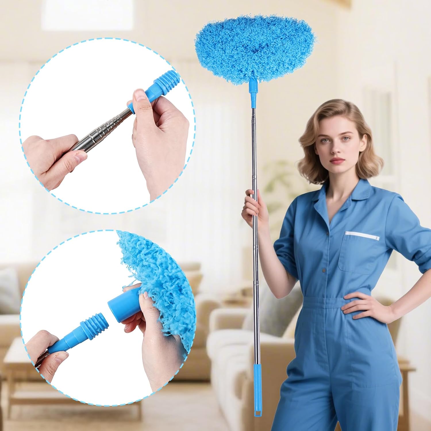 Extendable Duster Telescoping Pole with Washable Microfiber Head Reusable Removable Anti-Static Household Cleaning Tool Blue-Large Retractable for Walls Furniture Door & Window Tops