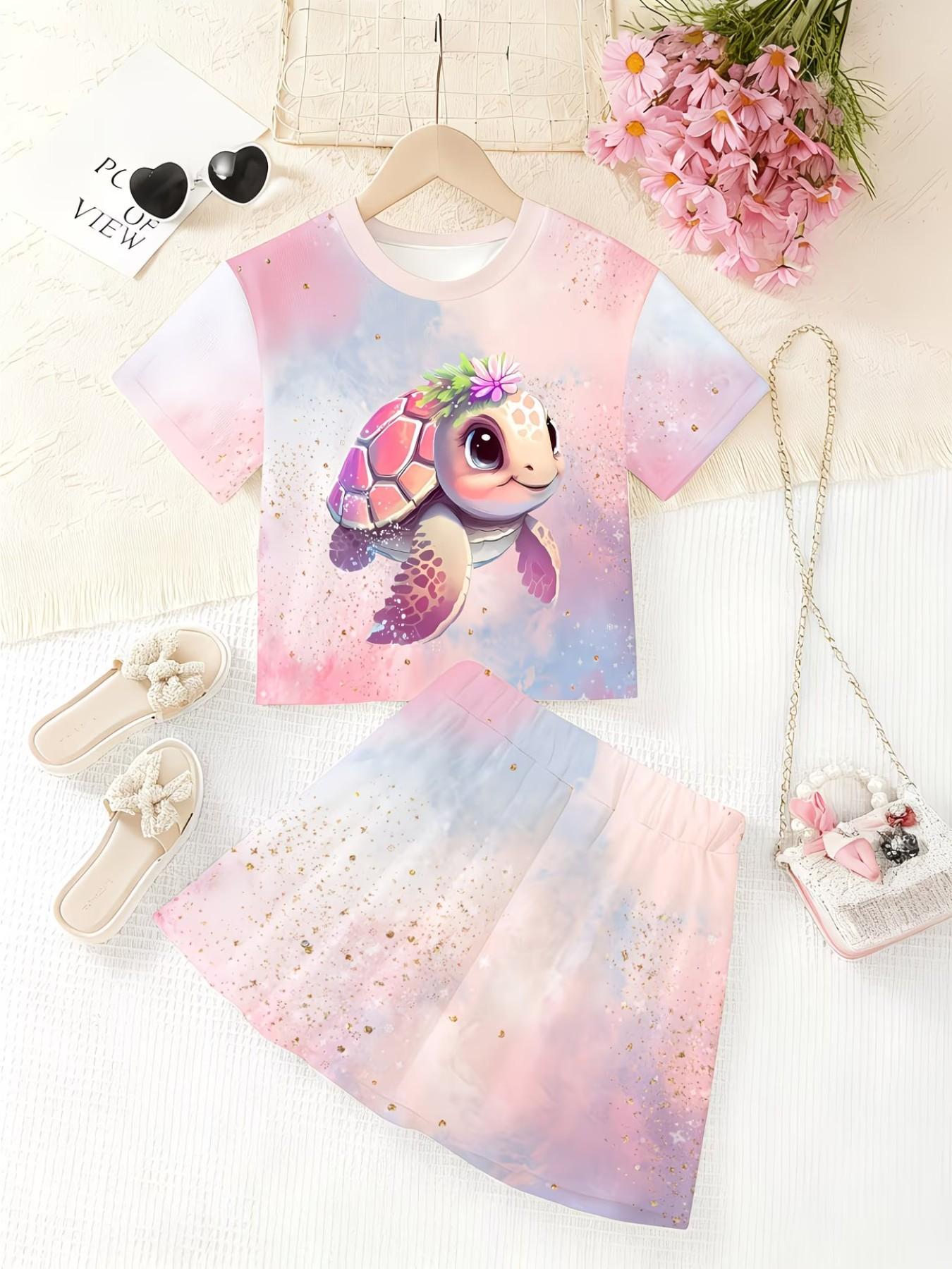 Girls' 3D Turtle Print Top and Skirt Set, Casual Slim-Fitting Summer, Round Neck Short Sleeve, Daily Wear
