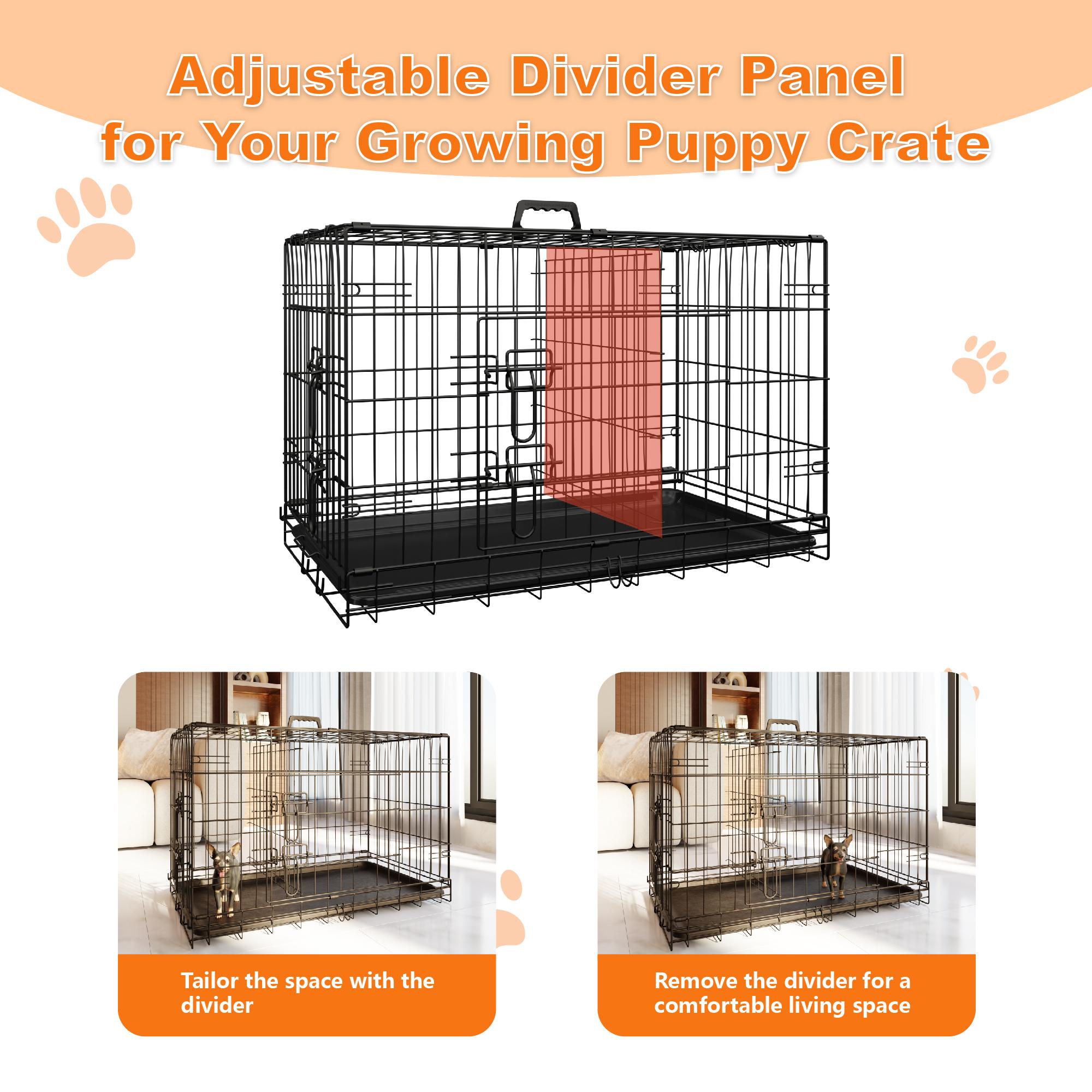 【TikTokShopfalldealsforyou】Foldable Metal Dog Crate with Divider and Leak-Proof Tray, Double Door Wire Kennel for Medium to Large Dogs, Indoor Outdoor Travel Use, 30/36/42/48 Inch