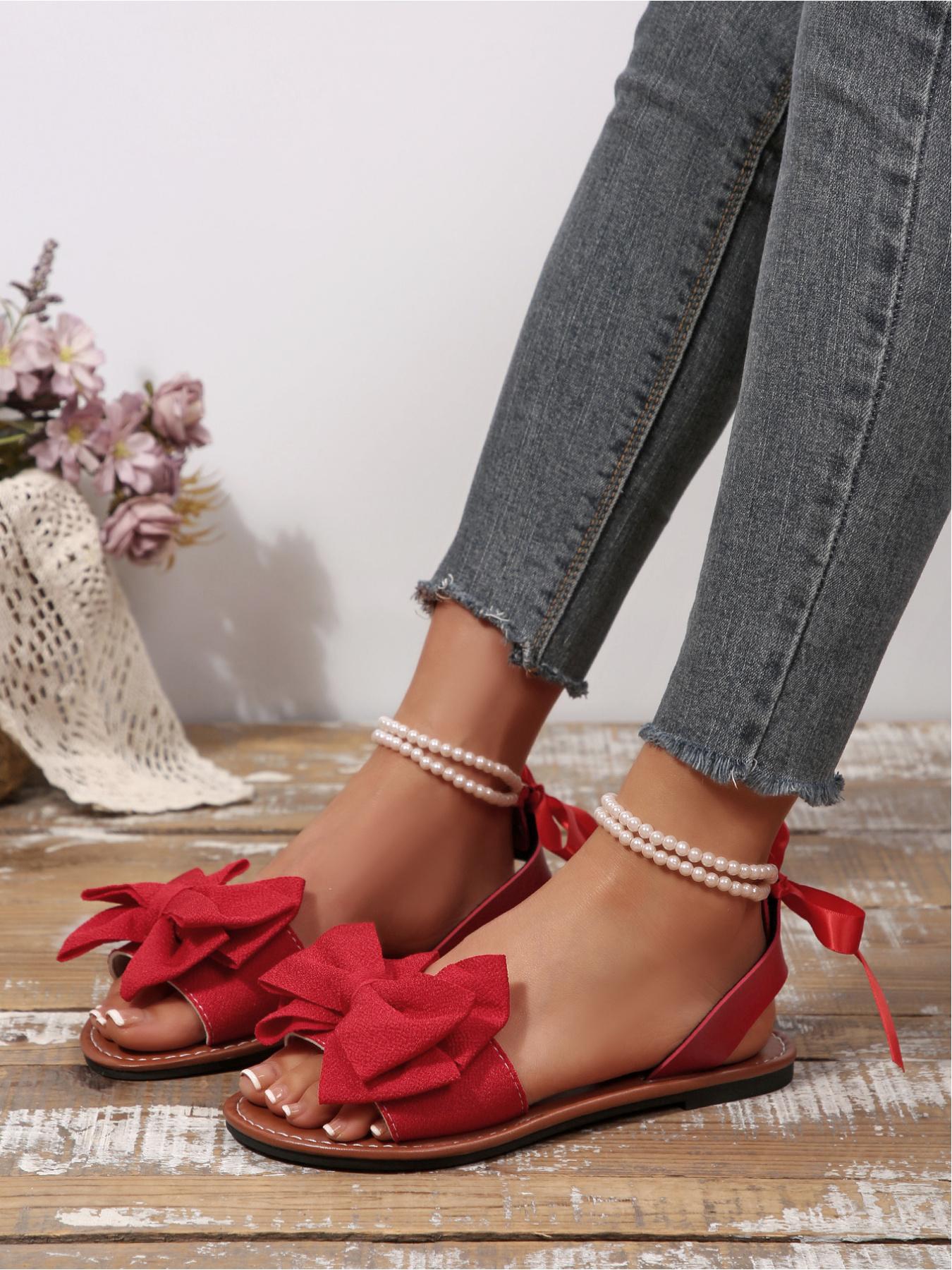 Women's Bow Decor Pearl Ankle Strap Flat Sandals, Open Toe Lace Up Bohemian Beach Shoes, Sizes 36-43 Multiple Colors