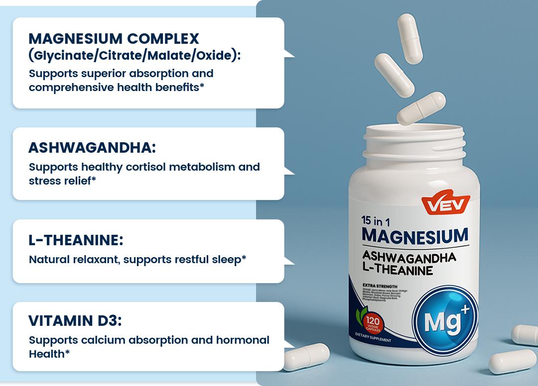 VEV 15 in 1 Magnesium Citrate & Glycinate Complex Capsules, Cortisol Support with Ashwagandha & L-Theanine, Edible Minerals Natural Dietary, 120 Vegan Capsules
