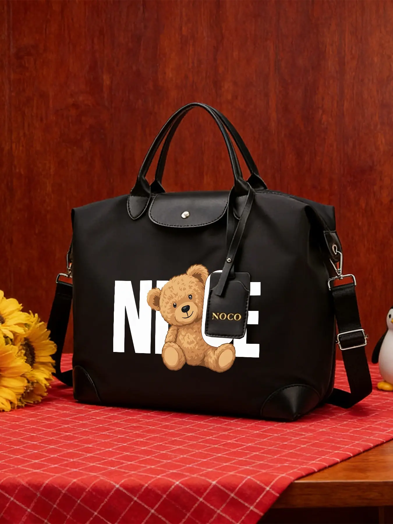 Teddy Bear NICE Pattern Crossbody Bag, Stylish Tote Bag, Casual Shoulder Bag, Large‑capacity Handbag, Adjustable Shoulder Strap, Wearable As Crossbody or Hand‑held, Suitable for Work and Daily Commuting, An Ideal Gift.