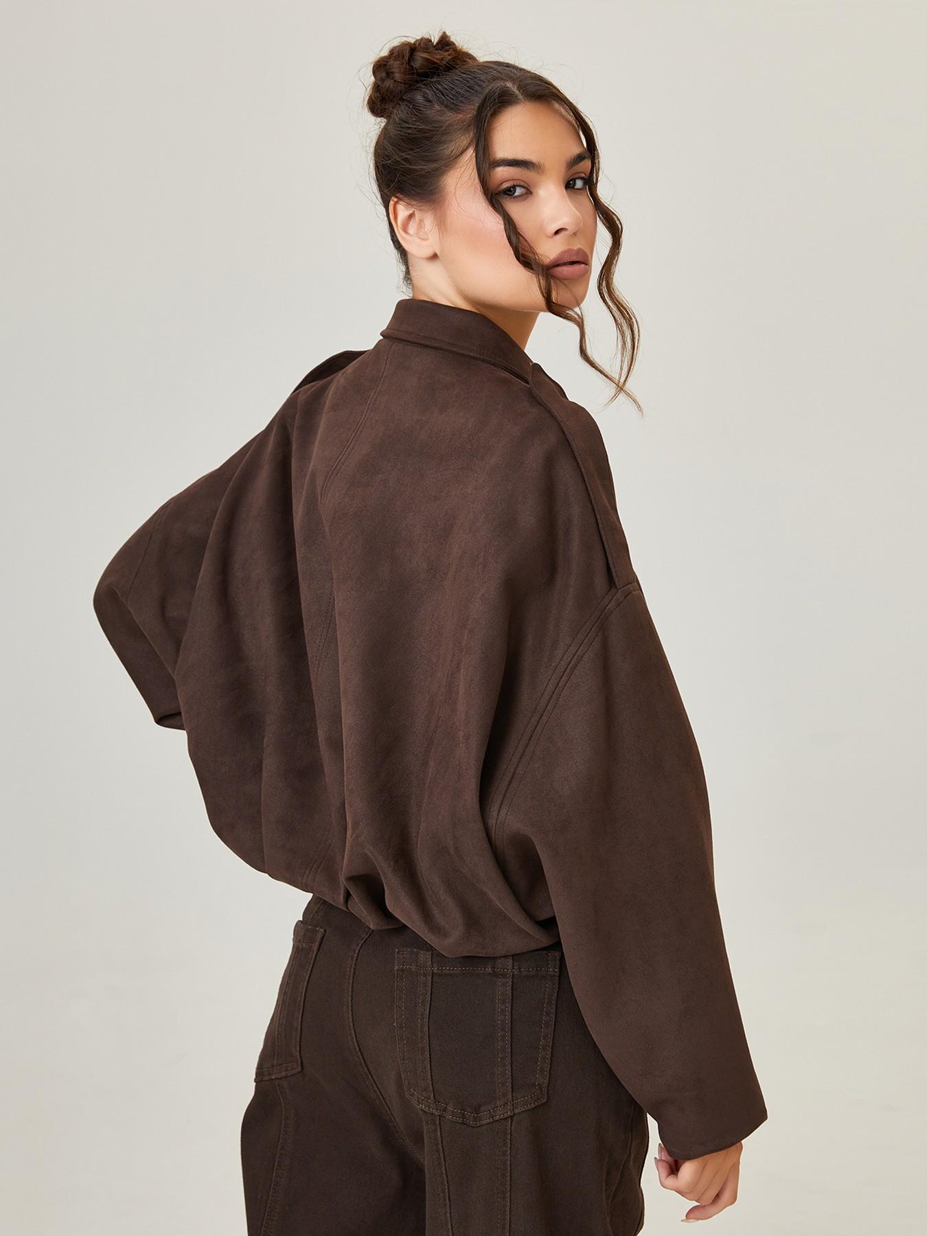 Women's Faux Suede Cropped Casual Jacket, Lapel Collar Loose Drop Shoulder Zip Up Casual Outerwear