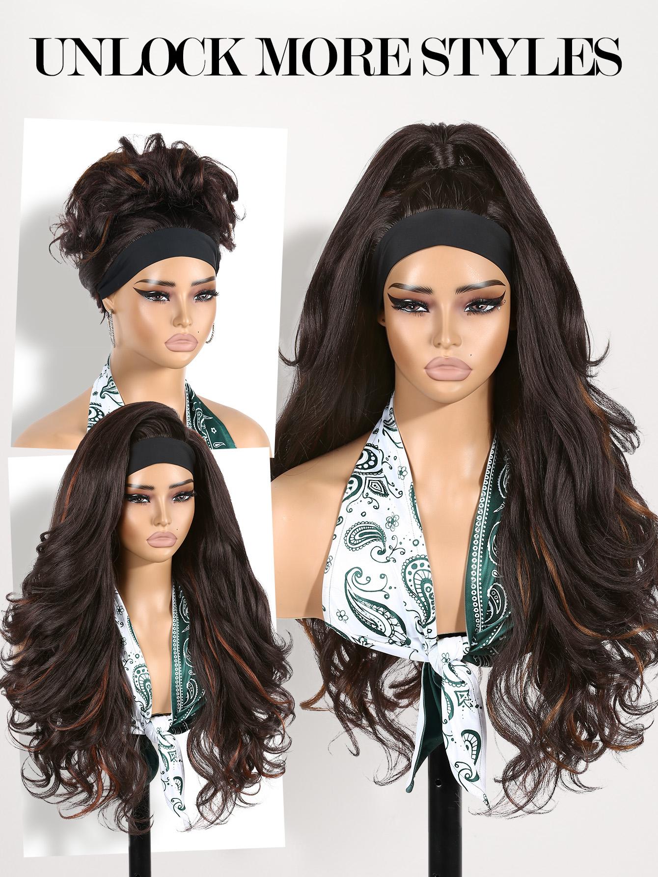 Yaki Body Wave Headband Wig for Women, Synthetic Fiber Wigs Curly Wavy 26 Inch Long Kinky Straight, Glueless Lightweight, Heat Resistant, Daily Use
