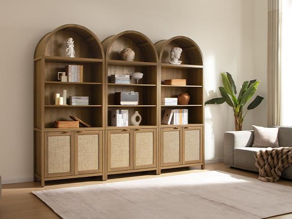 SICOTAS Book Shelf Arched Cabinet Bookshelf Arch 84.2" Tall Bookcase 5 Tier Large Bookshelves with Doors Storage Rattan Boho Wide Book Shelves Case for Living Room Kitchen Office Bedroom Library, Robust and Durable