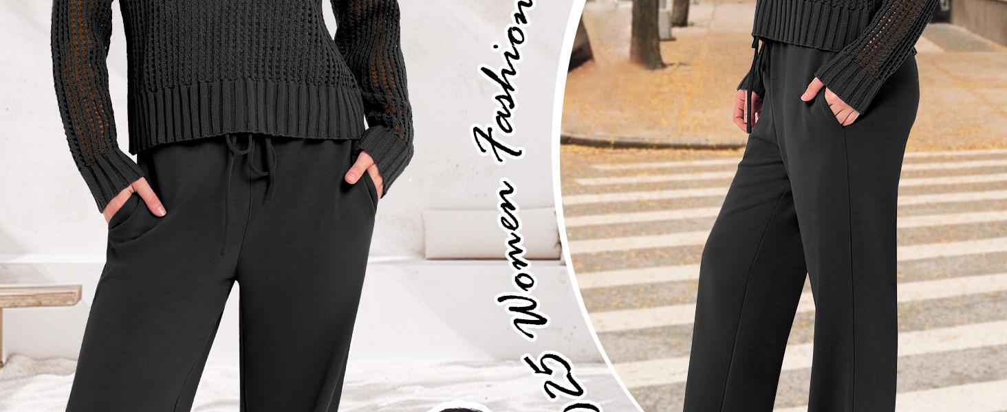 ANRABESS Womens 2 Piece Outfits Crochet Sheer Knit Sweater Top Wide Leg Pants Lounge Sets Sweatsuit 2025 Fall Travel Clothes