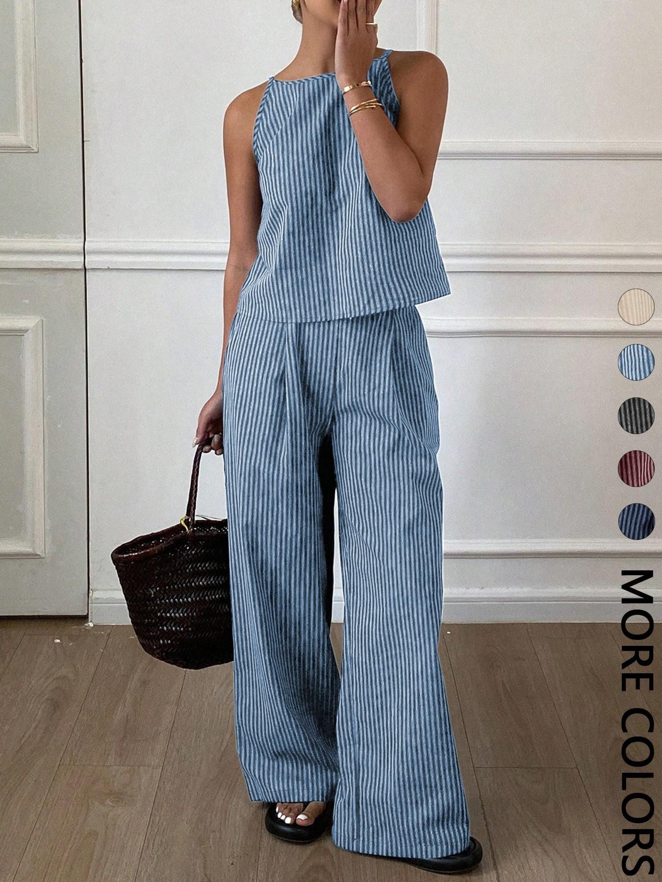 Two-Piece Women's Casual Summer Striped Lightweight Spaghetti Strap Sleeveless Top & Loose Long Pants Outfit Set, Comfortable Stylish Set Two-Piece Women's Casual Summer Striped Lightweight Spaghetti Strap Sleeveless Top & Loose Long Pants Outfit Set, Comfortable Stylish Set