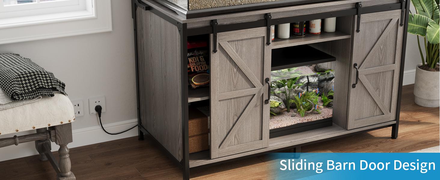 VOWNER Farmhouse Reptile Tank Stand with Power Outlet, 48" X 24" Tabletop Fits up to 120 Gallon Bearded Dragon Tank, Heavy Duty Aquarium Stand with Storage Cabinet, Reptile Turtle Terrarium Stand