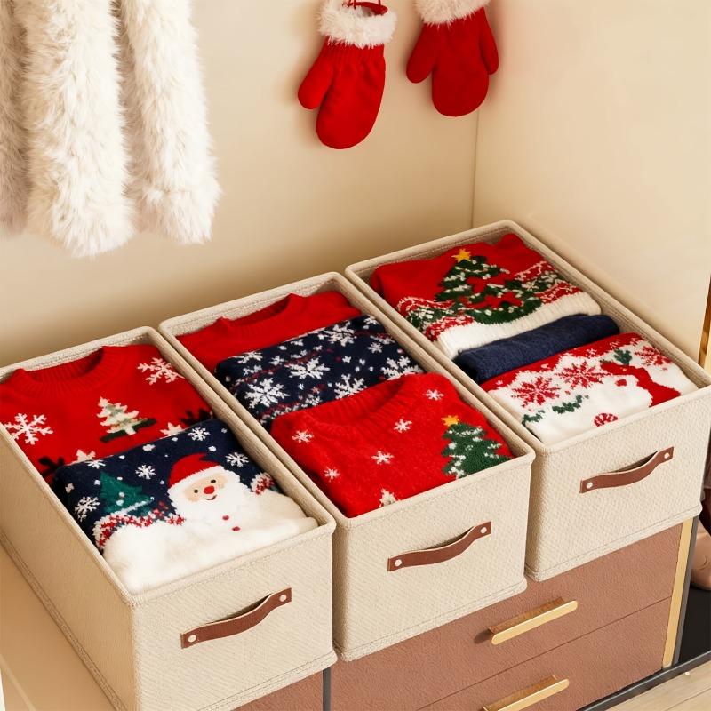 A winter closet clothing storage box (with handle), a foldable rectangular basket, a fabric container box for organizing shelves, suitable for the bedroom, Indoor Storage, in gray and beige colors, Clothes Storage Boxes