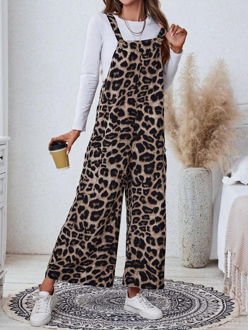 Valentine's Day Women's Casual Leopard Print Loose Jumpsuit, Woven Fabric, Moderate Thickness, All Seasons Wear, Fitted Style, Pocket Design