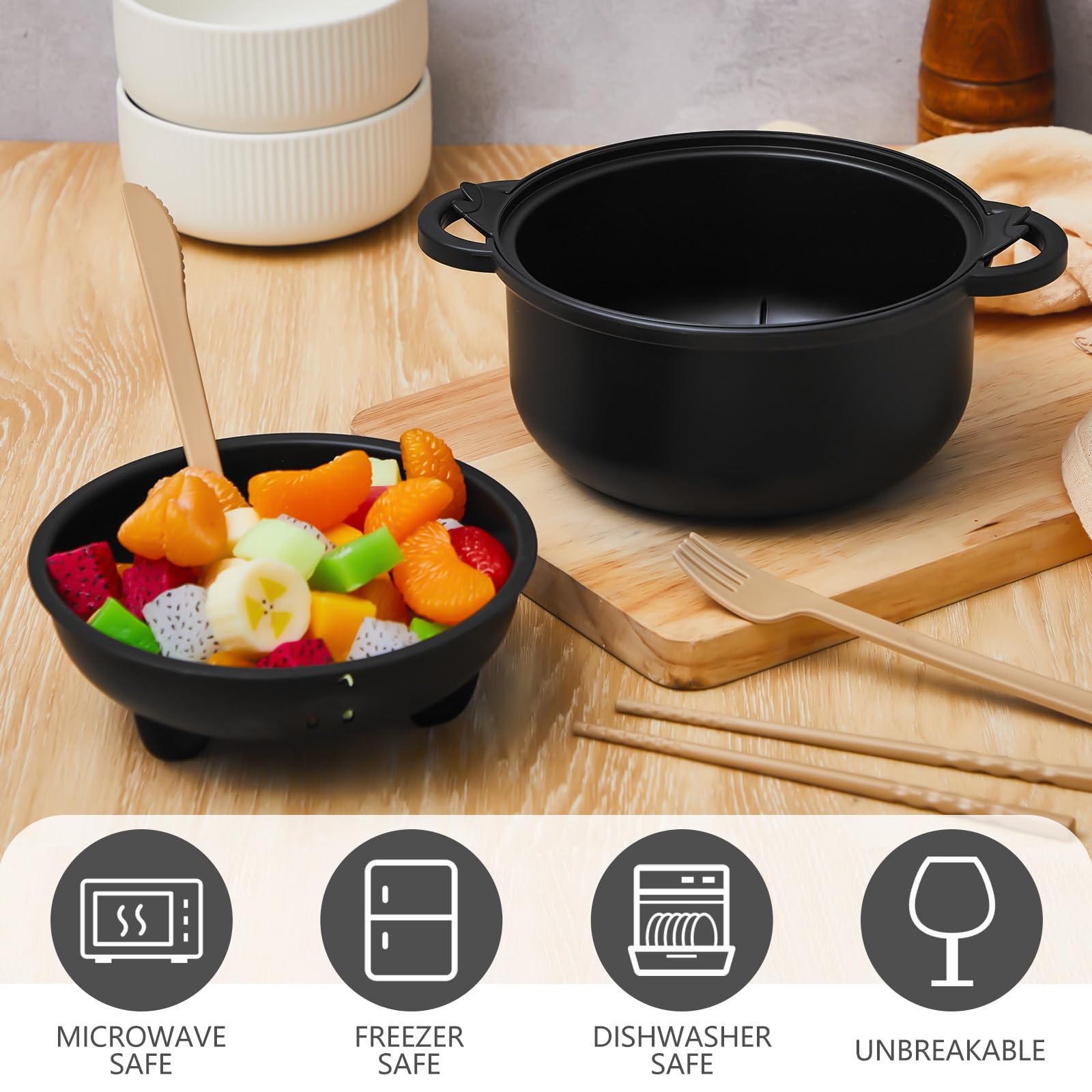 Nifogo Stylish Wheat Straw Cartoon Pig Ramen Noodle Bowl Set - 43oz(1300ml) Microwave-Safe Ramen Cooker with Strainer Lid, Handle, Spoon, Fork, Chopsticks, Stackable Bowls - Camp Kitchen Ware for Home,Camping Use