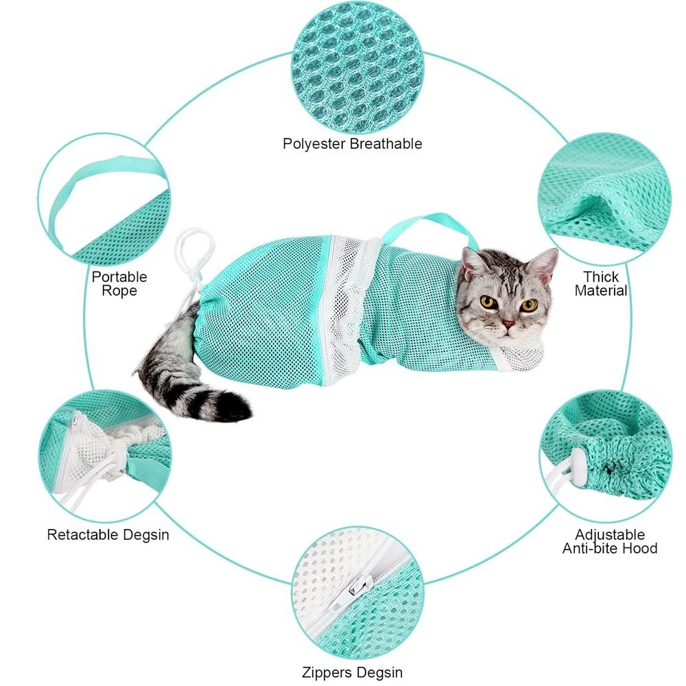 Adjustable Cat Bathing Bag, Anti-Bite & Anti-Scratch Shower Restraint, Breathable Mesh Grooming Bag for Bath, Nail Trimming & Injection