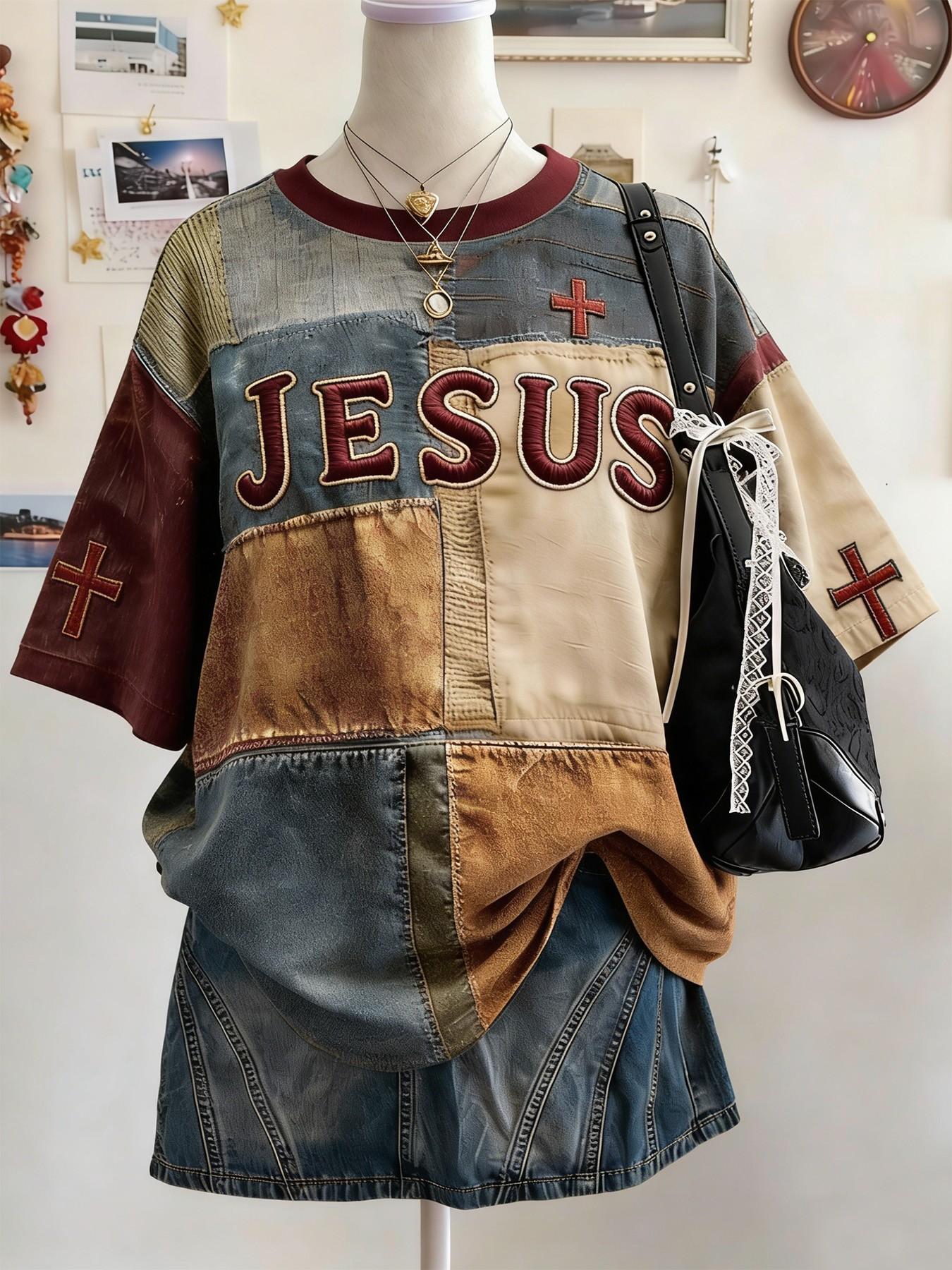Vintage Patchwork T-Shirt, Bright Colors, Comfortable Wear, Jesus Cross Faith Pattern, Round Neck, Casual Daily Wear