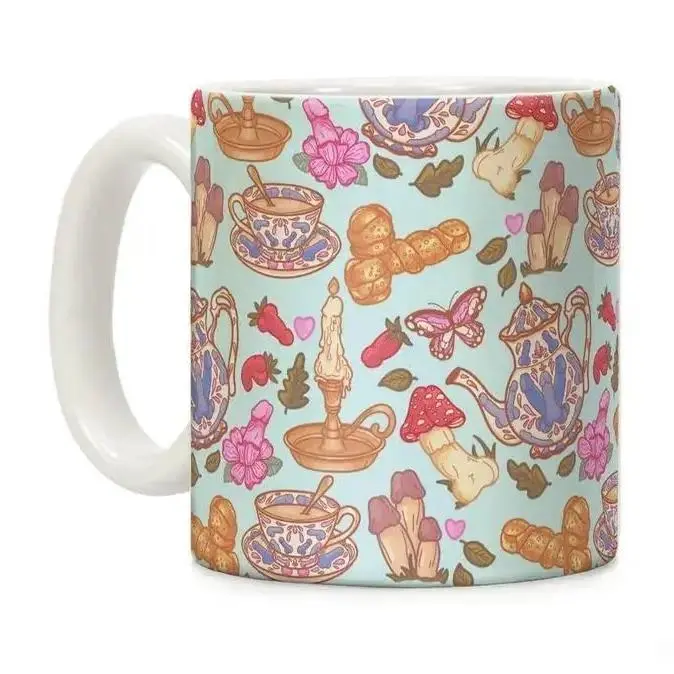 11oz Cottage Core Peony Printed Ceramic Coffee Mug with Handle - Durable Dishwasher Safe Kitchenware Cup, Modern Aesthetic Design, Whimsical Gift for Partners, Coffee/Tea Ready