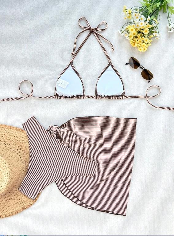 Women's Summer Casual Swimwear Set, Striped Print Bikini and Matching Skirt, 3 Piece Beach, Fitted Style, Perfect for Vacation