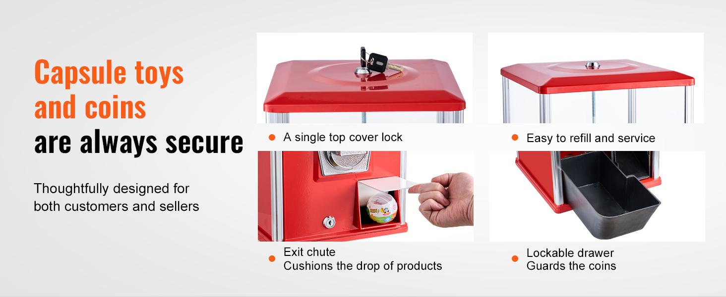 VEVOR Gumball Machine for Kids, 21 Height Home Vending Machine, PS Bouncy Balls Dispenser, Hold 180 Capsule Toys, Rectangle Bubble Gum Machine for Game Stores, Coin Operated Gumball Bank, Red