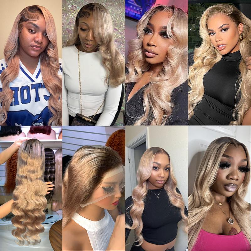 Ombre Ash Blonde Body Wave Lace Frontal Wig Virgin Human Hair Wig 13X6 HD Transparent Lace With Elastic Strap 180% Density Highlight Ash Blonde Milk Tea Colored Wig Natural Hairline For Woman