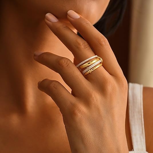 Tewiky 14K Gold Plated Stackable Rings for Women, Interlocked Stackable Rings Set Cubic Zirconia Trendy Band Ring Size 6 7 8 9 10 Chunky Fashion Jewelry for Women For Valentine's Day gifts Premium Quality