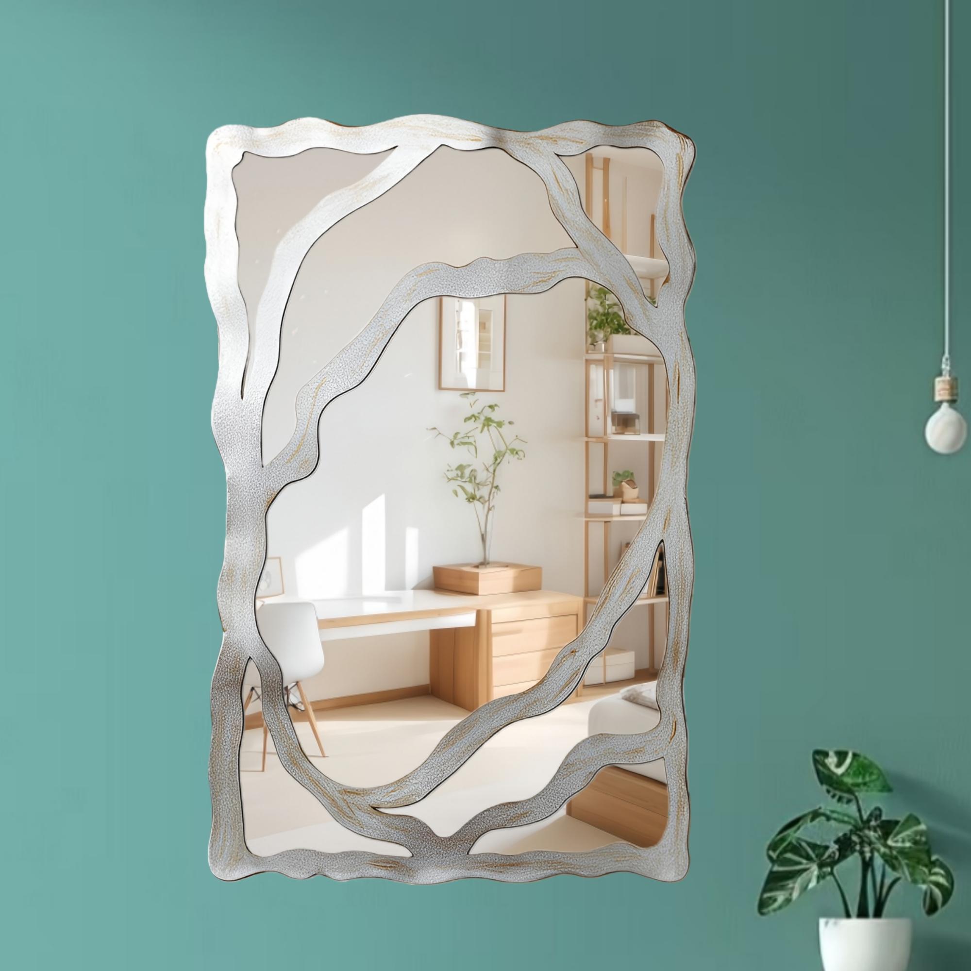 1pc, Modern classic silver rectangular shaped wall mirror decoration, made of acrylic material, non perforated self-adhesive wall mirror - irregular asymmetric shape, suitable for bedroom, foyer, bathroom, and home decoration, Home Decorative Mirror