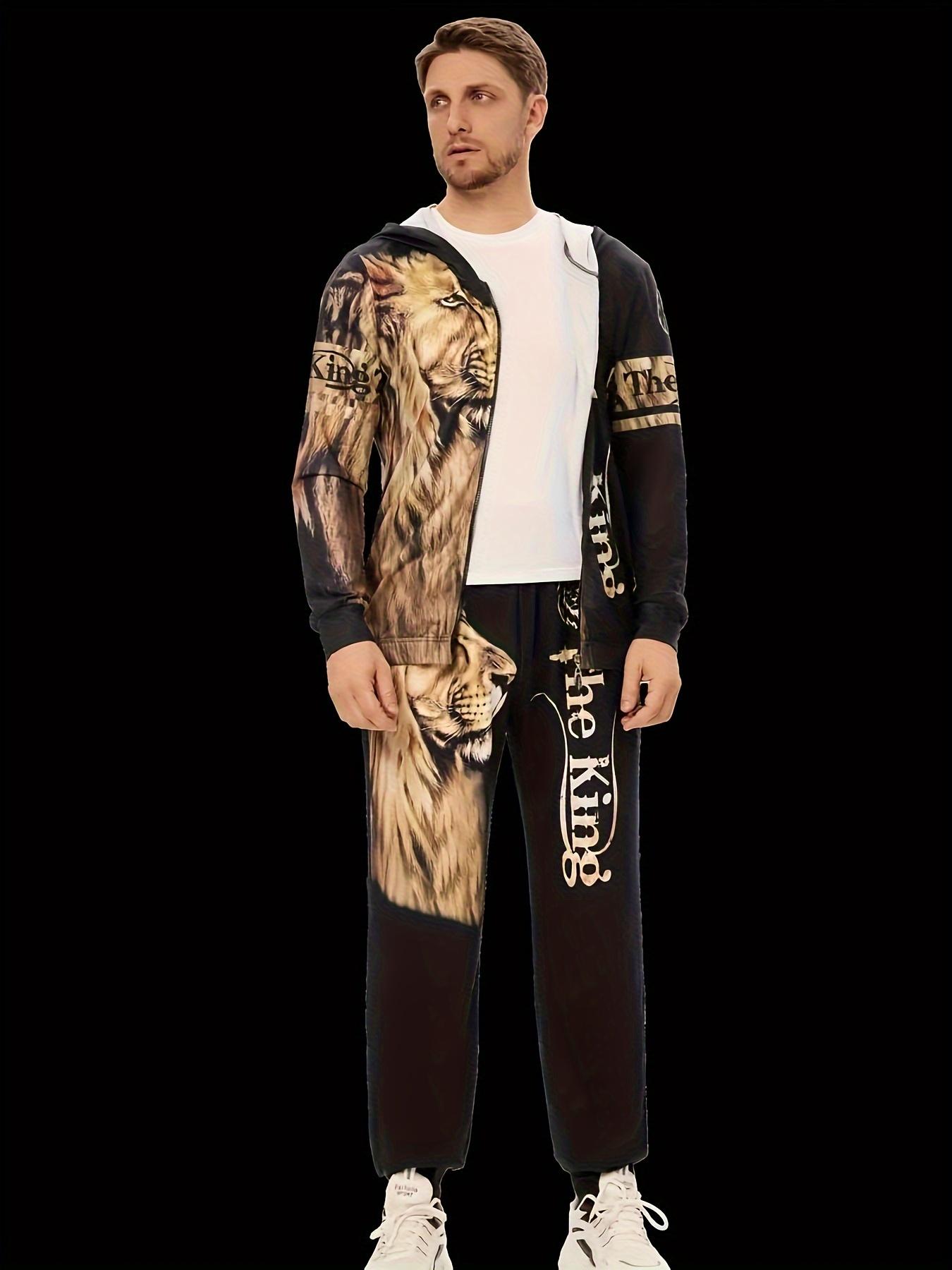 2-piece men's casual lion print hoodie and sweatpants set -3D digital animal pattern knitted sweatshirt hoodie+pants set