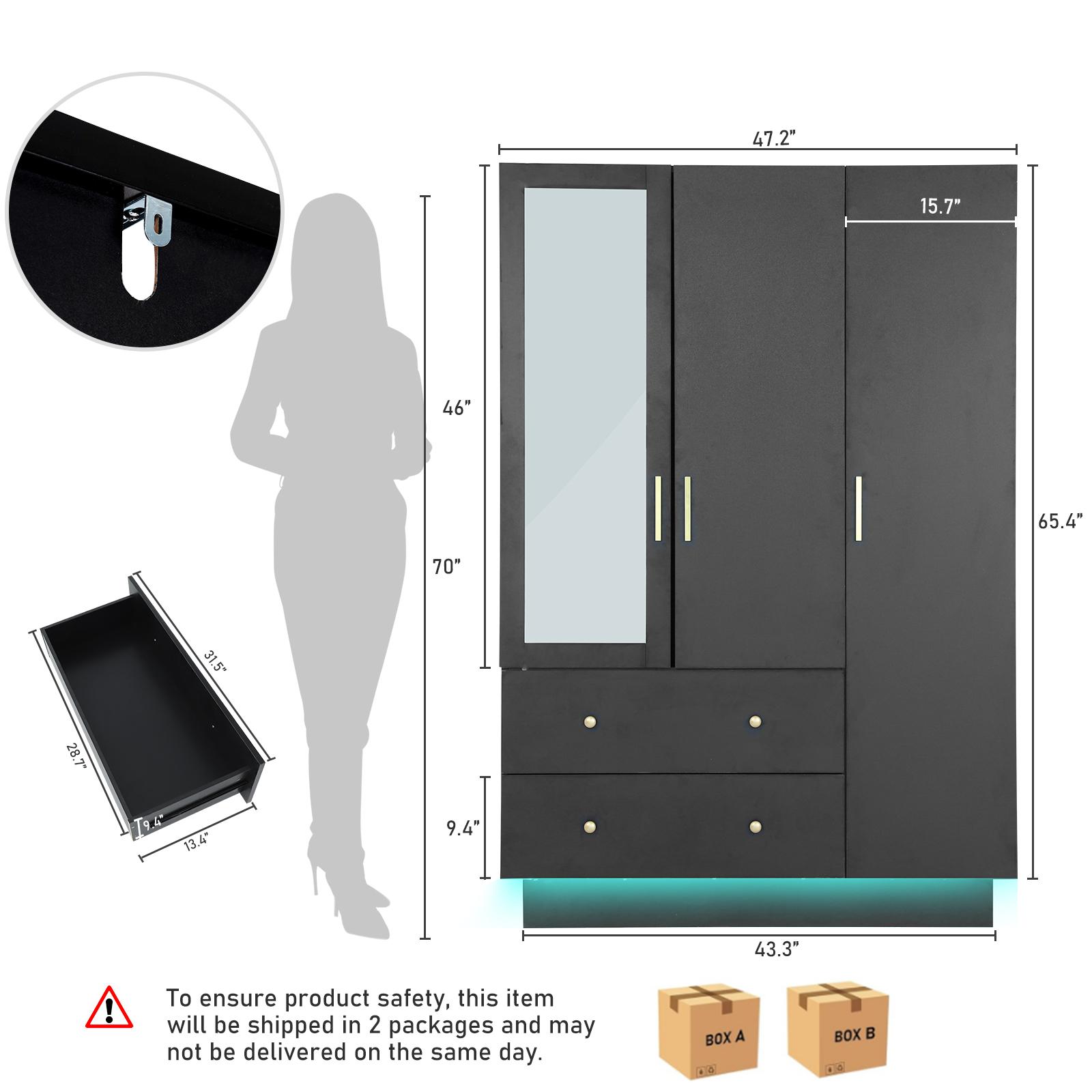 3 Doors Armoire Wardrobe Closet with Mirror, LED Armoire with Doors and Drawers, Wooden Armoire Storage Cabinet with Hanging Rod, Adjustable Shelves, (White/Black/brown）