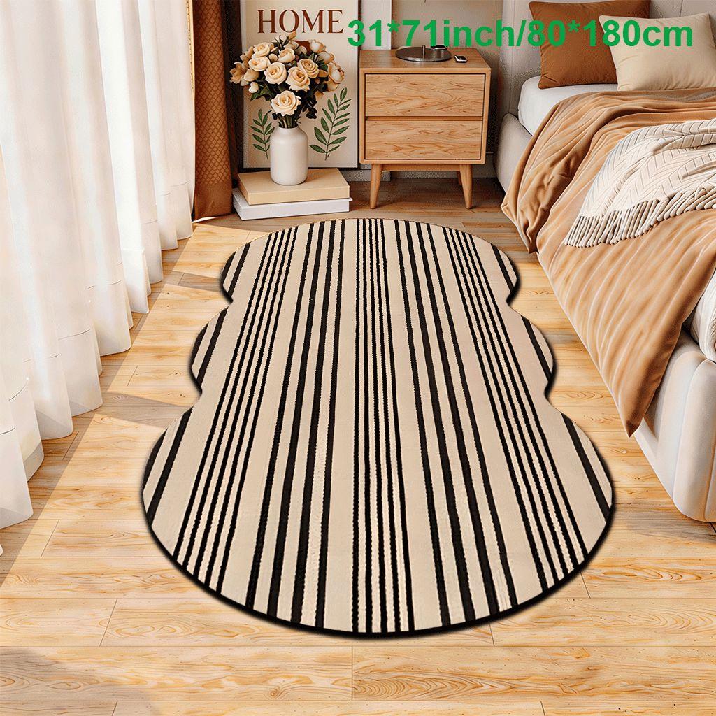 2D Flat velvet irregular shape carpet with beige and black vertical stripes pattern, machine washable and non-slip design, suitable for bedrooms/rooms, all seasons of spring, summer, autumn and winter, as well as Valentine's Day, Christmas and Thanksgivin