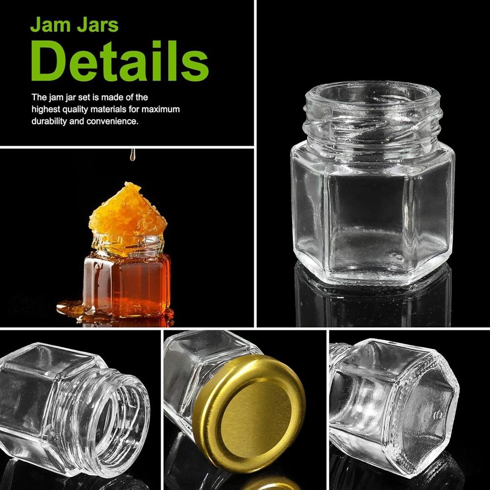 50 Pack Mini Hexagon Glass Honey Jars with Wooden Dippers - Gold Lid, Bee Pendants, Rope & Ribbon Accents - 1.5 oz Adorable Wedding Favors, Party Favors, Dishwasher Safe