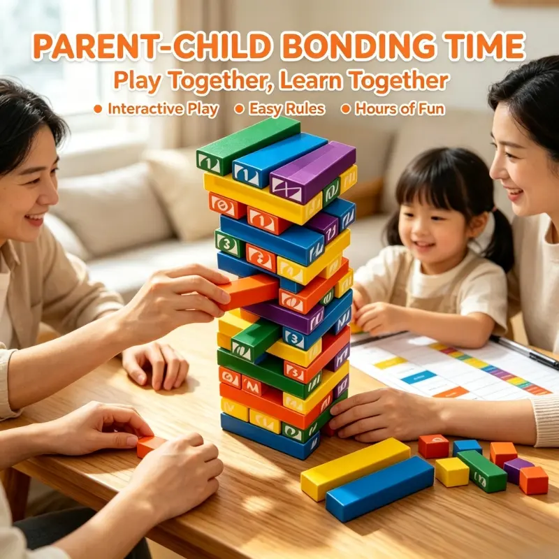 Classic Stack & Topple Wooden Tower Game, Colorful Number Printed Balancing Blocks, Holiday Party Entertainment Toy