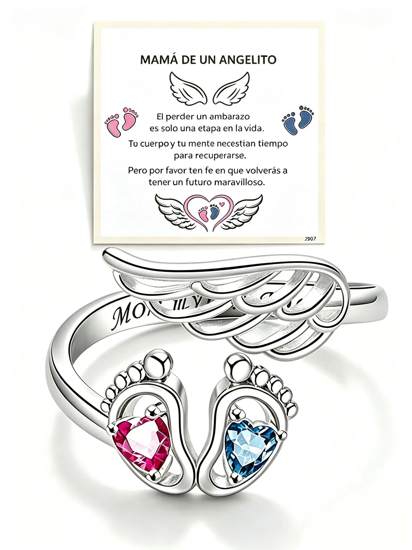Baby Loss Memorial Ring, Blue Heart Zircon Baby Footprint Angel Ring, Adjustable Open Ring, Elegant Daily Wear Jewelry, Stainless Steel Ring