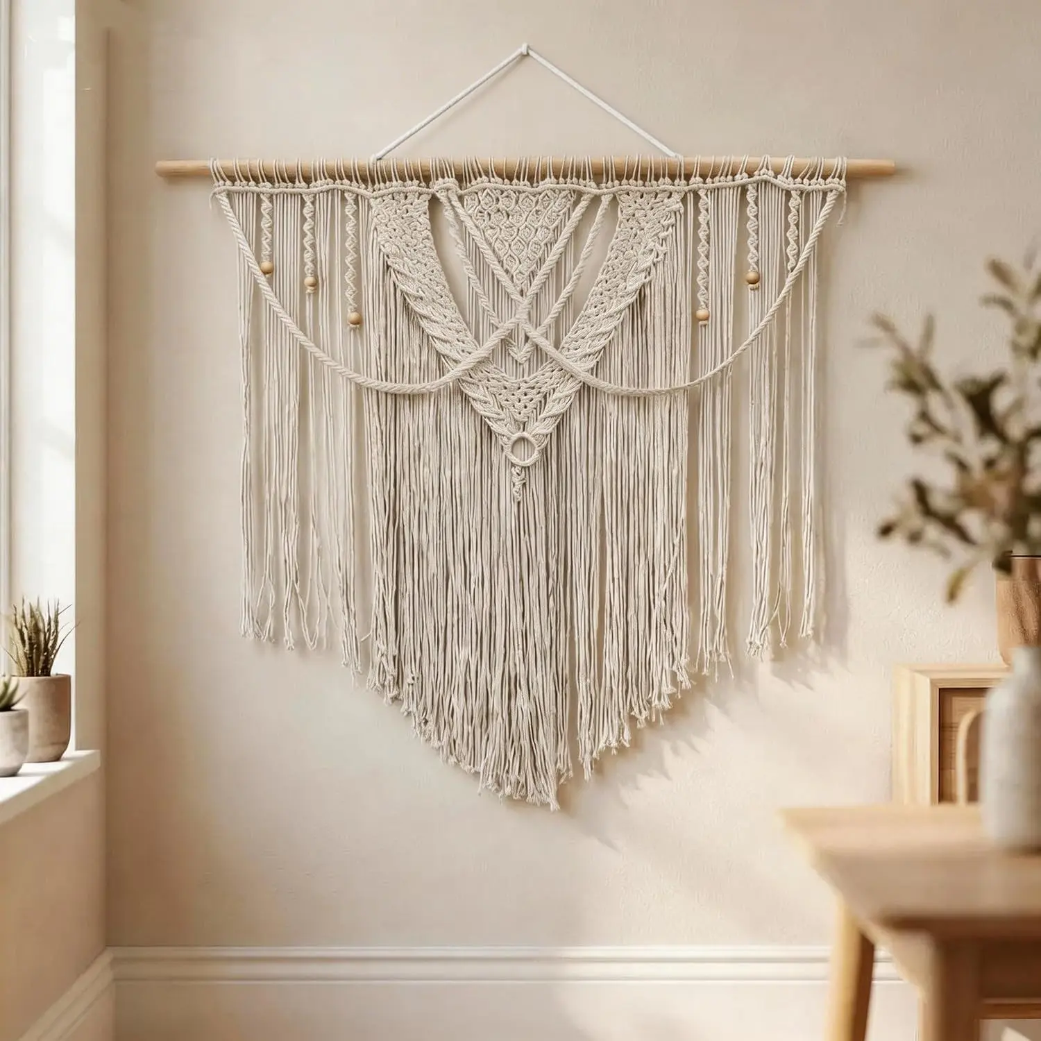 Large Macrame Wall Hanging Macrame Wall Decor Tapestry For Headboard Bedroom Livingroom Boho Fiber Home Art (White-D)