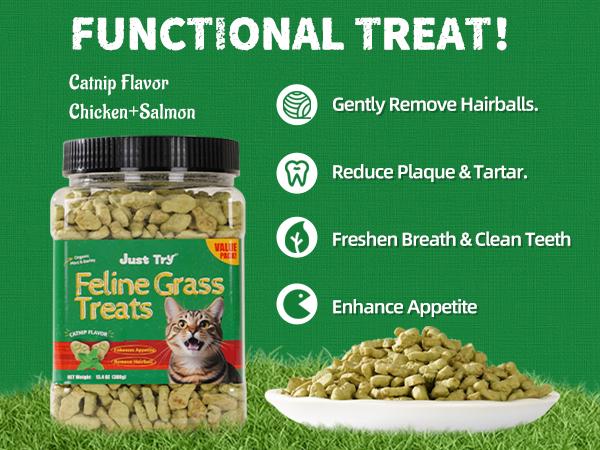JUST TRY 4PCS 13.4 OZ Cat Grass Treats Natural Salmon Flavor Healthy Cat Snacks Training Biscuits Catnip for Cats Dental and Hairball Control Treats Remedy Chews