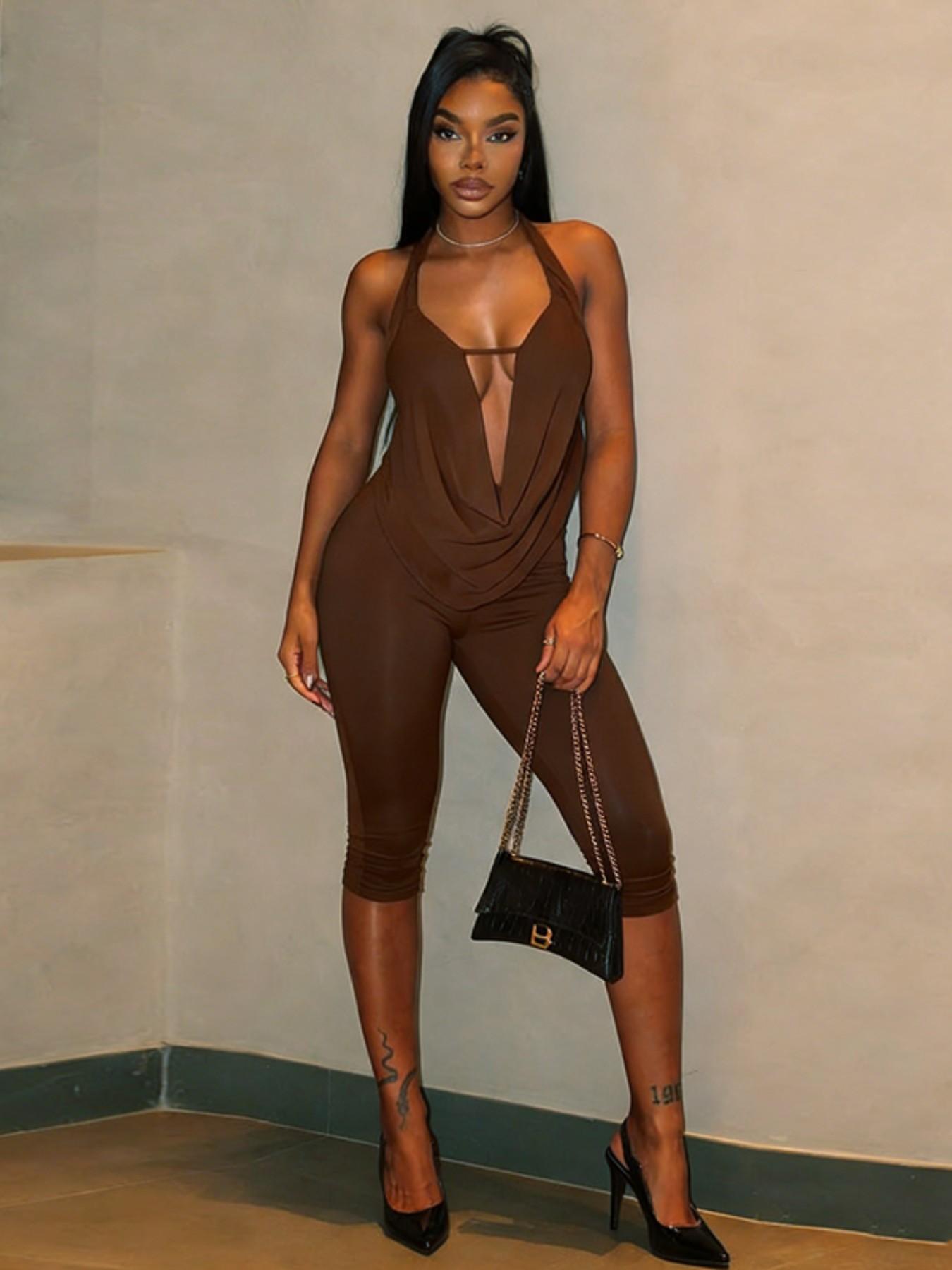Women's Fashion Chic Two-Piece Set, Matching Sets, Trendy Backless Sleeveless Halter Top & Slim Fit Pants, Sexy Unique Design, Comfortable Casual Wear, Womenswear, Matching Clothing Set