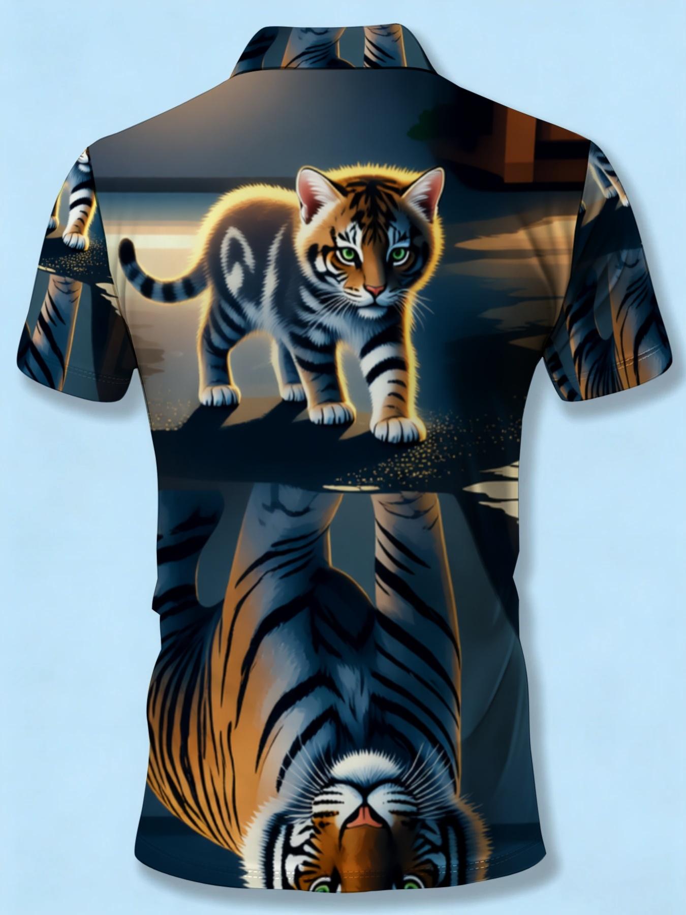 Men's Short Sleeve Polo Shirt with Tiger Print, Summer Fashion Casual Top, Trendy Design Men's Clothing