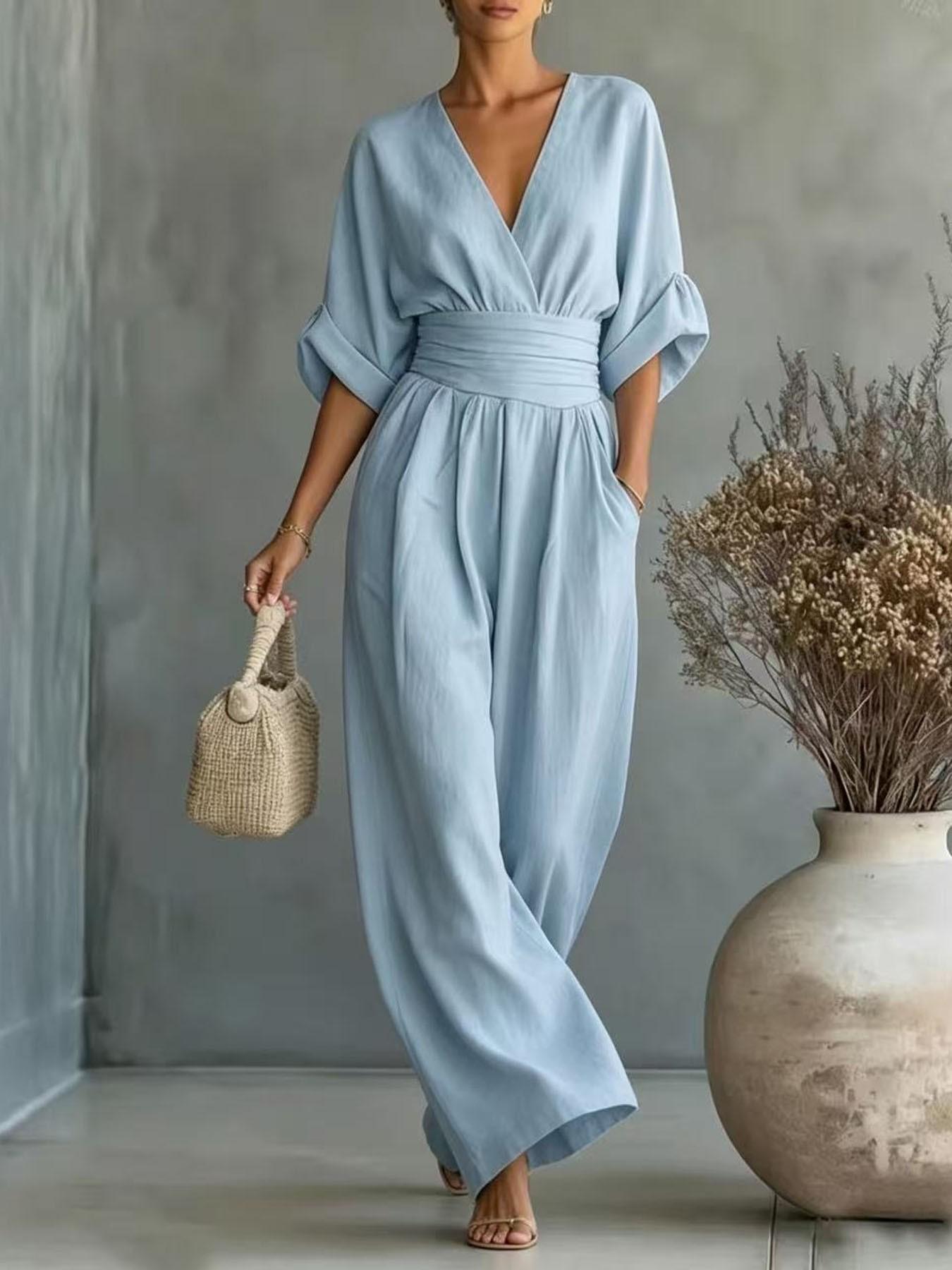 Women's Fashion Solid Color Short Sleeve V Neck Bodycon Pants, Comfortable Soft Fabric, Multi Colors, Casual Office Vacation Style, Casual Jumpsuits, Womenswear