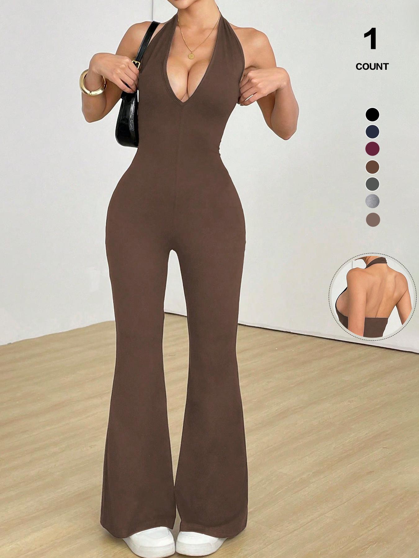 Women's Halter Neck Jumpsuit, Sleeveless Deep V Backless Chic Design, Flare Leg Romper for Casual Wear