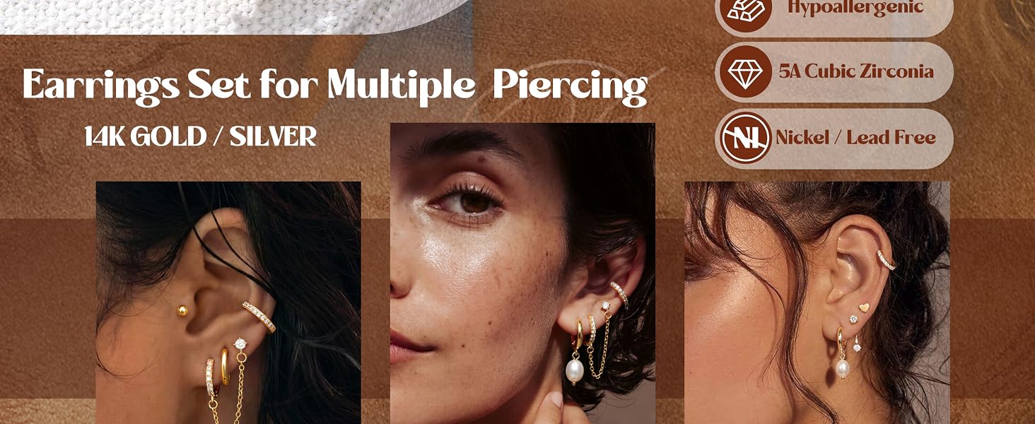 Trendy Hypoallergenic Flat Back Earrings Set for Women-Surgical Stainless Steel Earrings for Sensitive Ears-14K Gold Plated Chain Cartilage Earring Stacks Flatback Stud Hoop Earring Sets for Multiple Piercing Jewelry