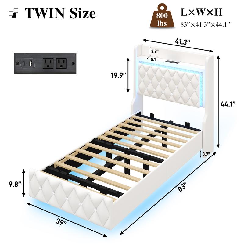 Floating Twin/Full/Queen Bed Frame with LED Light, Upholstered Platform Twin Bed with Charging Station & Wingback, Diamond Tufted Storage Headboard & Footboard, PU Leather, No Box Spring Needed, White/Pink