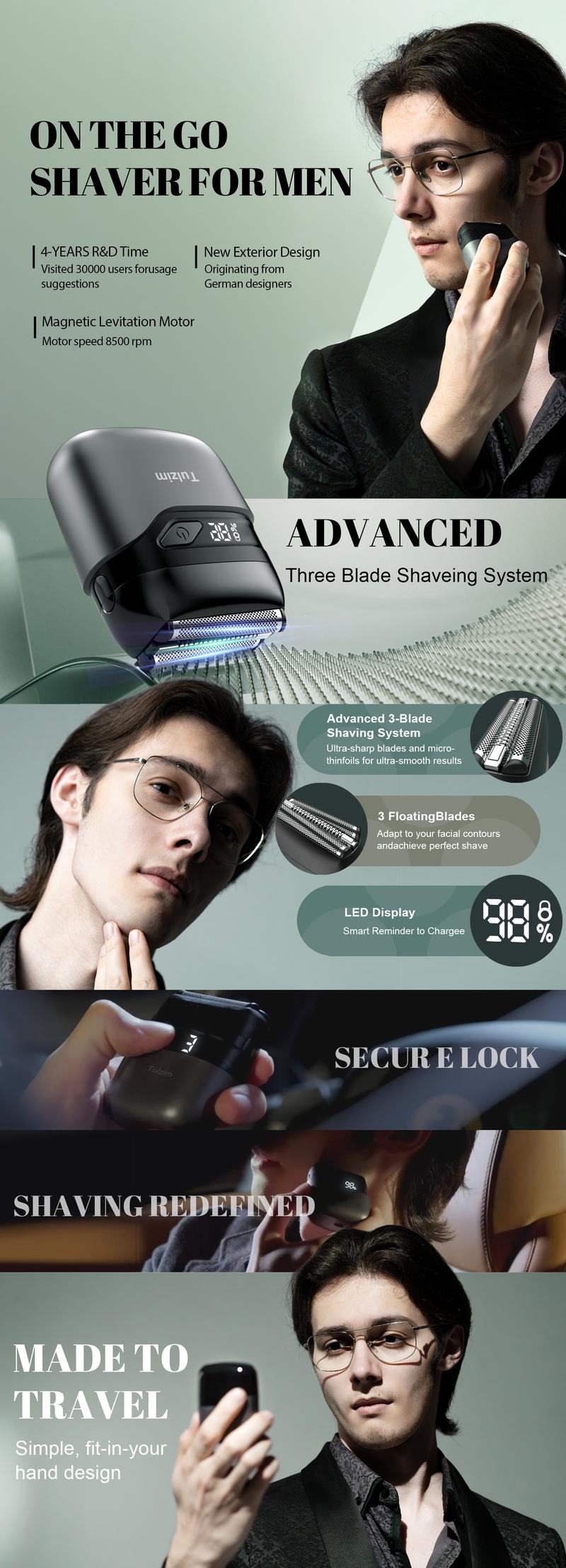 [TikTokShopStockUp]Tulzim Upgrade Foil Shavers for Men Mini Razor Compact Face Shaver IPX7 Waterproof Wet Dry USB Rechargeable Flexible Floating Three-Head Design LED Display Travel Lock Design Fathers Day Gift