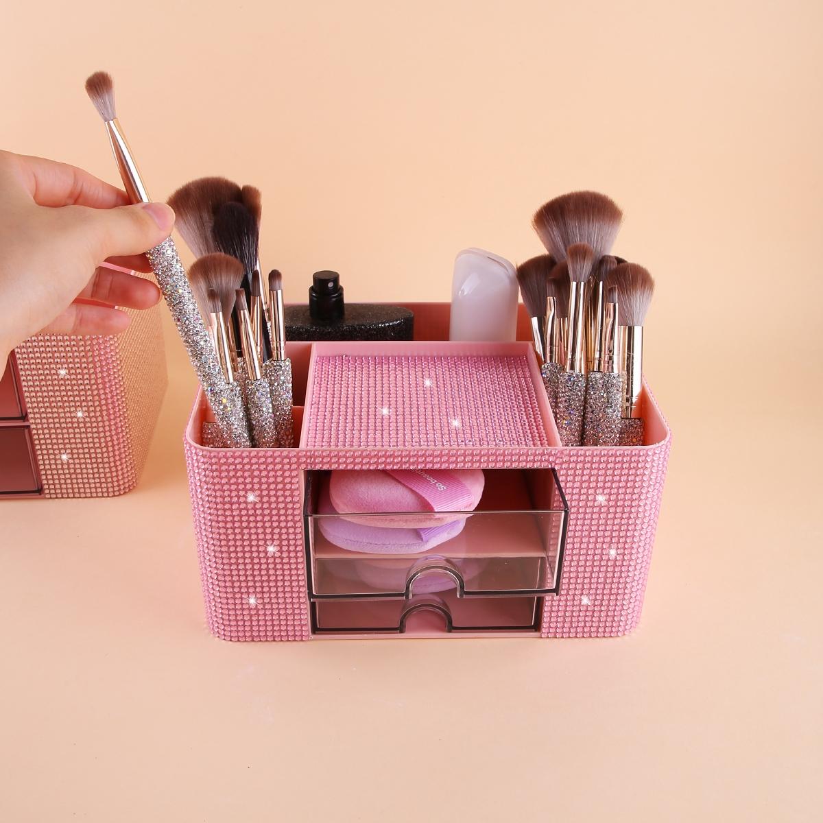 Diamond Embellished Storage Box with Drawer, Multi-Compartment Design, Makeup Brush Organizer, Cosmetic Holder, Bedroom Vanity Tray