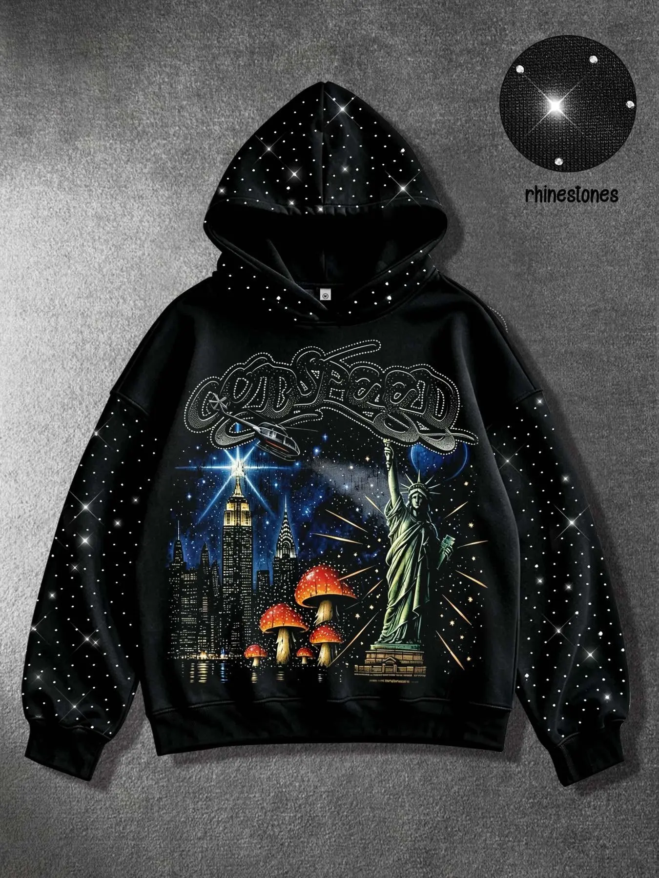 GODSPEED American-style streetwear men's hoodie featuring a Statue of Liberty and New York Times Square cityscape print, accented with rhinestone detailing on the hood and sleeves—a street-style, unisex autumn/winter sweatshirt Printed Hooded